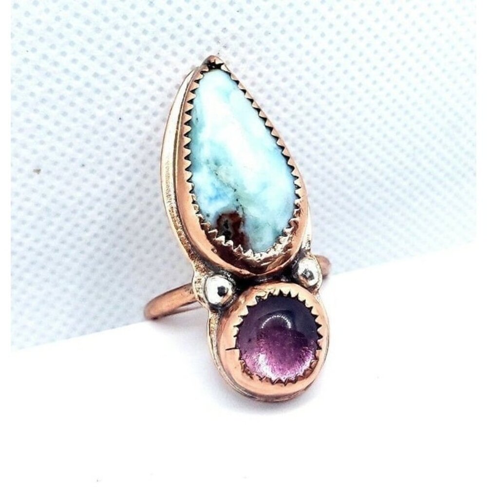 Amethyst and Larmiar Crystal Statement Ring Handmade Copper Jewelry Boho - Picture 6 of 12